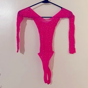 Hot Pink Sparkle Rhinestone Teddy Fishnet Off Shoulder Onesie /Body Suit (OS)